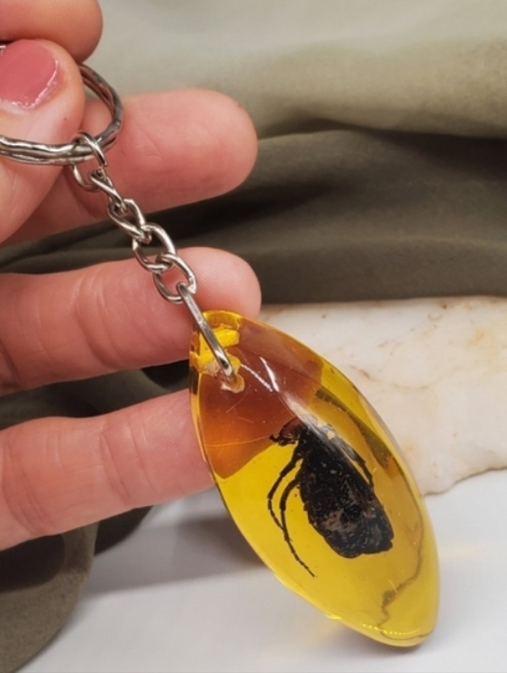 Keychain Faux Honey Clear Nugget Amber with Bug Fossil Pendant Silver Chain